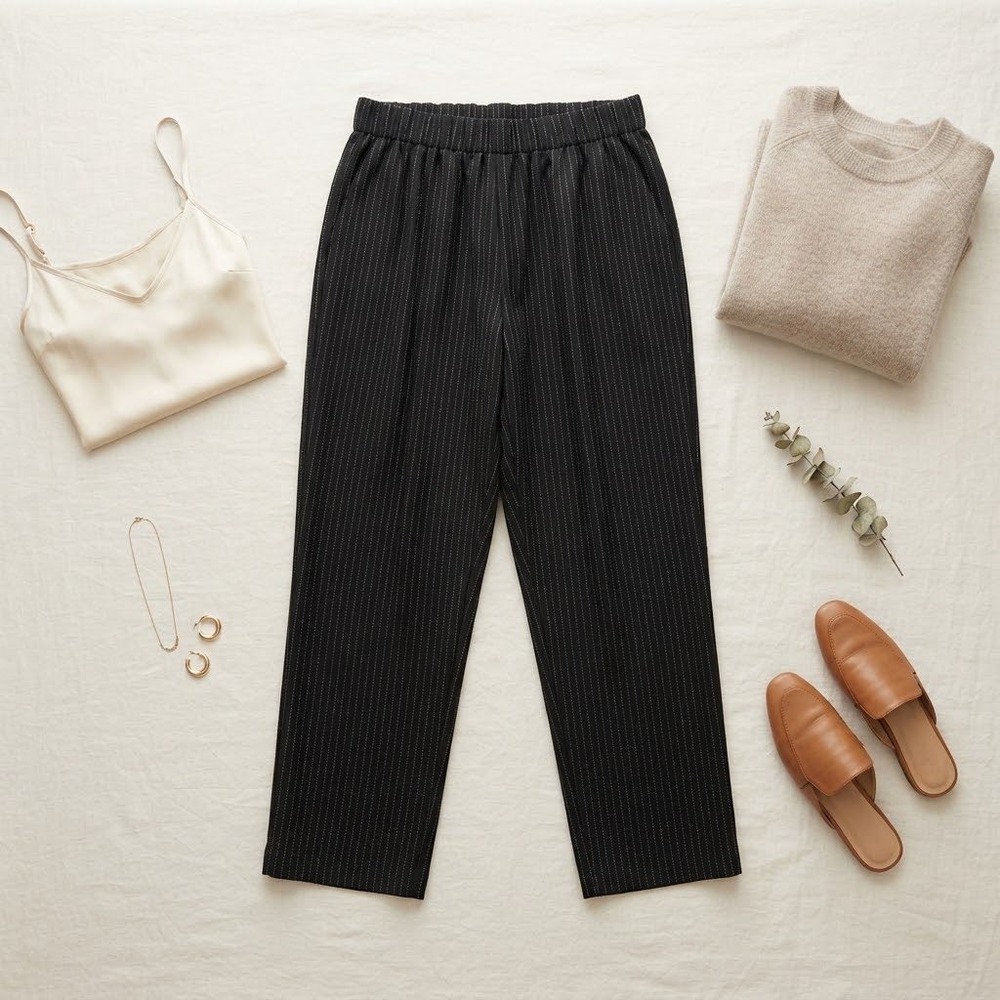 Eileen Fisher Pinstripe Pants Women Medium Black Wool Blend Pull On Career Chic